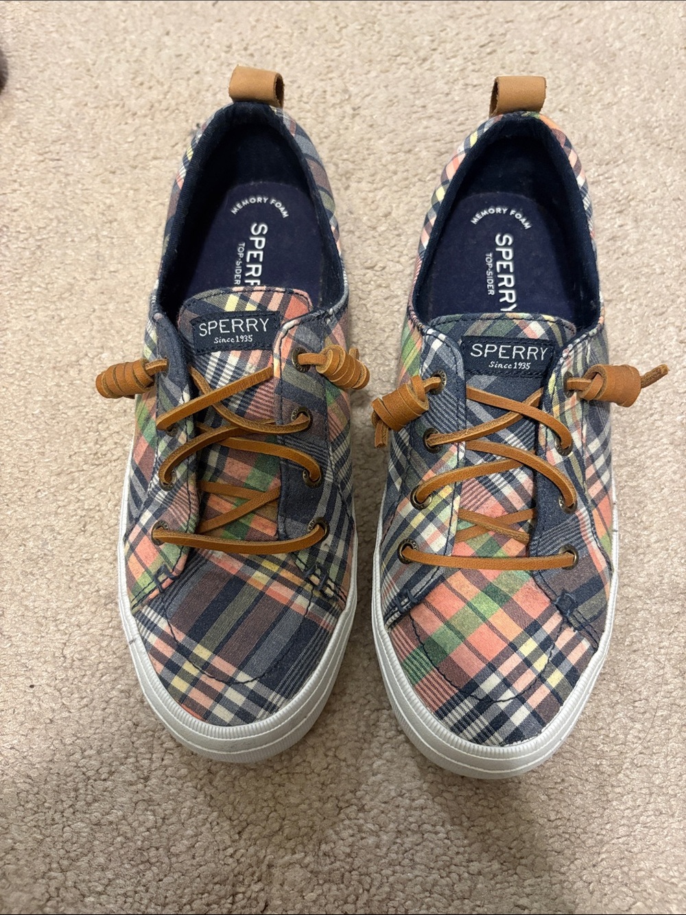 Sperry Plaid Canvas Boat Sneakers with Tan Laces